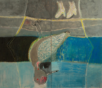 Benoit Delhomme - Birds because i could not paint persons anymore - Body abandoned on a lake shore, 2 panels 195 x 228 cm, Oil on canvas