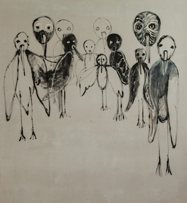 Benoit Delhomme - Birds because i could not paint persons anymore - Theater troupe after the applauds, 190 x 207 cm, Oil and acrylics on canvas
